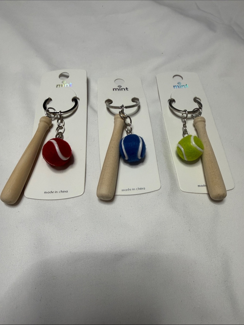 Set of 3 Mint Baseball Bat Keychain Trio - Red, Blue, Lime Green